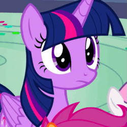 Size: 505x505 | Tagged: safe, edit, edited screencap, imported from derpibooru, screencap, fluttershy, scootaloo, sweetie belle, twilight sparkle, alicorn, pony, newbie dash, animated, blinking, captain obvious, caption, cute, female, purple smart, realization, solo focus, twiabetes, twilight sparkle (alicorn)