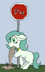 Size: 504x810 | Tagged: safe, artist:thebathwaterhero, imported from derpibooru, oc, oc only, oc:emerald jewel, earth pony, pony, colt quest, amulet, bags under eyes, blank flank, child, color, colt, drunk, floppy ears, foal, ground, hangover, leaning, male, metal, road sign, solo, stop sign, vomit, vomiting, wide eyes