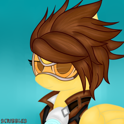Size: 3000x3000 | Tagged: safe, artist:scribbles151, imported from derpibooru, pegasus, crossover, goggles, looking at you, overwatch, solo, tracer
