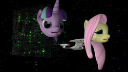 Size: 1920x1080 | Tagged: safe, artist:raptor1701, artist:raptornx01, imported from derpibooru, fluttershy, starlight glimmer, 3d, borg, borg cube, crossover, enterprise, enterprise d, star trek, star trek: the next generation, wat, wtf