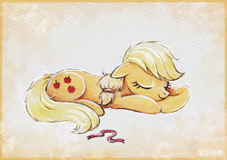 Size: 1200x846 | Tagged: safe, artist:scheadar, imported from derpibooru, applejack, earth pony, pony, cute, eyes closed, female, jackabetes, mare, prone, sleeping, smiling, solo, traditional art