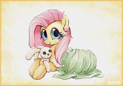 Size: 1200x846 | Tagged: safe, artist:scheadar, imported from derpibooru, fluttershy, pegasus, pony, blanket, cute, female, looking at you, lying down, mare, plushie, prone, shyabetes, smiling, solo, toy, traditional art