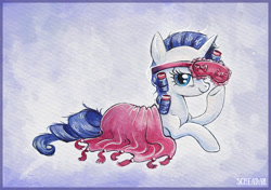 Size: 1200x846 | Tagged: safe, artist:scheadar, imported from derpibooru, rarity, pony, unicorn, blanket, clothes, cute, female, looking at you, nightgown, raribetes, sleep mask, sleepy, solo, traditional art