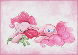 Size: 1200x846 | Tagged: safe, artist:scheadar, imported from derpibooru, gummy, pinkie pie, earth pony, pony, cute, diapinkes, eyes closed, female, mare, sleeping, smiling, solo, traditional art, watercolor painting