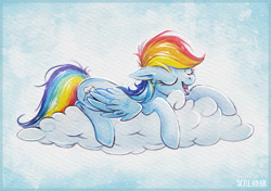 Size: 1200x846 | Tagged: safe, artist:scheadar, imported from derpibooru, rainbow dash, pegasus, pony, cloud, cute, dashabetes, eyes closed, female, mare, open mouth, sleeping, snoring, solo, traditional art