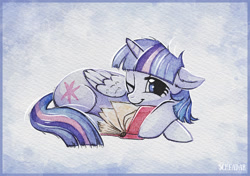 Size: 1200x846 | Tagged: safe, artist:scheadar, imported from derpibooru, twilight sparkle, alicorn, pony, adorkable, book, cute, dork, female, floppy ears, folded wings, horn, looking at you, lying down, mare, one eye closed, prone, sleepy, solo, that pony sure does love books, traditional art, twiabetes, twilight sparkle (alicorn), wings