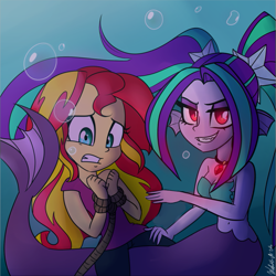 Size: 751x750 | Tagged: safe, artist:wubcakeva, imported from derpibooru, aria blaze, sunset shimmer, mermaid, siren, equestria girls, air bubble, asphyxiation, belly button, bondage, breasts, bubble, busty aria blaze, cleavage, drowning, female, mermaidized, midriff, peril, sirens doing siren things, sleeveless, strapless, underwater