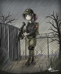 Size: 1280x1562 | Tagged: safe, artist:slawomiro, imported from derpibooru, nurse redheart, human, ar-15, ar15, belt, boots, cap, clothes, electric fence, escape from tarkov, female, gloves, gun, hat, humanized, knee pads, m4a1, rain, russia, shed, signature, solo, tarkov, walking, weapon
