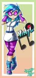 Size: 1886x4000 | Tagged: safe, artist:danmakuman, imported from derpibooru, dj pon-3, vinyl scratch, equestria girls, absurd resolution, clothes, commission, female, headphones, shoes, signature, smiling, sneakers, solo, sunglasses