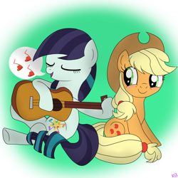 Size: 1024x1024 | Tagged: safe, artist:rainb00ms, imported from derpibooru, applejack, coloratura, pony, blushing, female, guitar, lesbian, mare, music notes, musical instrument, rara, rarajack, shipping, singing