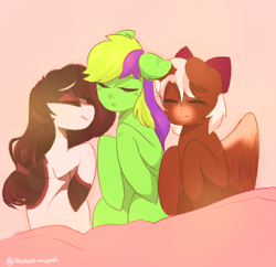 Size: 872x845 | Tagged: safe, artist:theduck-mcquak, imported from derpibooru, oc, oc only, oc:skyler, wolf, wolf pony, bed, bedroom, cuddling, cute, hair bow, happy, ribbon, sleeping, snuggling