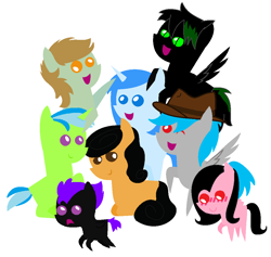 Size: 1068x1012 | Tagged: safe, artist:tamerqueen, imported from derpibooru, oc, oc only, oc:david, oc:end coder, oc:lohni, oc:monique da pony, oc:ponyrock joe, oc:tamerqueen, oc:the derp, friends, thewubstepbrony