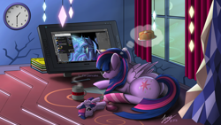 Size: 3000x1688 | Tagged: safe, artist:duskie-06, imported from derpibooru, princess luna, twilight sparkle, alicorn, pony, book, butt, clock, clothes, coffee mug, computer, female, food, graphics tablet, i hate mondays, i'm pancake, pancakes, photoshop, plot, plushie, self plushidox, sleeping, socks, solo, striped socks, stylus, tablet, the ass was fat, thought bubble, twibutt, twilight has a big ass, twilight sparkle (alicorn), twilight sparkle plushie