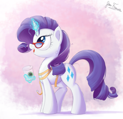 Size: 1650x1595 | Tagged: safe, artist:bugplayer, imported from derpibooru, rarity, pony, unicorn, coffee, cup, female, glasses, levitation, magic, mare, measuring tape, open mouth, rarity's glasses, signature, solo, starbucks, telekinesis