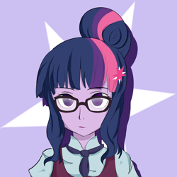 Size: 1000x1000 | Tagged: safe, artist:umejiru, imported from derpibooru, sci-twi, twilight sparkle, equestria girls, bust, colored pupils, female, glasses, looking at you, serious face, solo