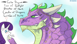 Size: 1500x858 | Tagged: safe, artist:kogentasama, imported from derpibooru, rarity, spike, female, heart, male, older, older spike, scratching, shipping, sparity, straight, text