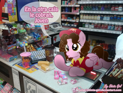 Size: 1024x768 | Tagged: safe, artist:shinta-girl, imported from derpibooru, oc, oc only, oc:shinta pony, andatti, clerk, dora márquez, dora the explorer, irl, latin american, meme, mexico, otzo, oxxo, photo, ponies in real life, solo, spanish, tictac, translated in the comments