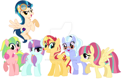 Size: 900x585 | Tagged: safe, artist:pencillspark, imported from derpibooru, indigo zap, lemon zest, sour sweet, sugarcoat, sunny flare, sunset shimmer, pony, equestria girls, alternate mane six, alternate universe, equestria girls ponified, ponified, sunset mane six, watermark