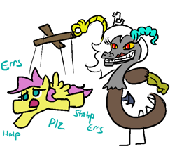 Size: 660x560 | Tagged: safe, artist:jargon scott, imported from derpibooru, discord, fluttershy, butterscotch, discord being discord, eris, puppet, rule 63, trogdor