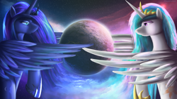 Size: 1920x1080 | Tagged: safe, artist:bluenight01, imported from derpibooru, princess celestia, princess luna, planet, space, wallpaper