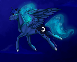 Size: 1000x800 | Tagged: safe, artist:mibiam, imported from derpibooru, princess luna, horse, chest fluff, female, flying, horsified, solo