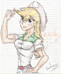 Size: 1024x1244 | Tagged: safe, artist:x-force02ranger, imported from derpibooru, applejack, equestria girls, applejacked, breasts, female, flexing, lined paper, muscles, solo, traditional art, watermark