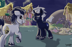 Size: 5100x3300 | Tagged: safe, artist:lostinthetrees, imported from derpibooru, princess celestia, princess luna, oc, oc:ben herrin, animosity, duality, force field, lightning