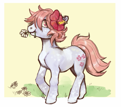 Size: 961x844 | Tagged: safe, artist:spectralunicorn, imported from derpibooru, oc, oc only, oc:sugar blossom, eating, flower, looking at you, scrunchy face, simple background, solo, walking