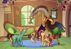 Size: 1552x1074 | Tagged: safe, artist:28gooddays, imported from derpibooru, angel bunny, discord, fluttershy, zephyr breeze, draconequus, pegasus, pony, evil grin, female, fluttershy's cottage, male, mare, scared, shaking, sharp teeth, stallion