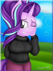 Size: 3200x4300 | Tagged: safe, artist:iflysna94, imported from derpibooru, starlight glimmer, anthro, unicorn, absurd resolution, breasts, clothes, cute, female, glimmerbetes, mare, one eye closed, pants, signature, solo, sweater, turtleneck