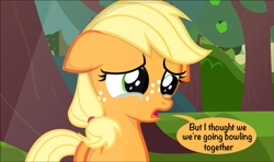 Size: 955x564 | Tagged: safe, artist:coltsteelstallion, imported from derpibooru, applejack, apple, apple tree, crying, cute, female, filly, filly applejack, food, grammar error, jackabetes, puns in the comments, sad, speech bubble, tree, younger