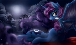 Size: 4000x2376 | Tagged: safe, artist:whit3-dr4g0n, imported from derpibooru, princess luna, bat pony, pony, bat ponified, female, lunabat, moon, night, race swap, solo