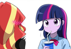 Size: 582x405 | Tagged: safe, artist:ryuu, edit, imported from derpibooru, sunset shimmer, twilight sparkle, equestria girls, blushing, cropped, drink, female, lesbian, shipping, simple background, sunsetsparkle