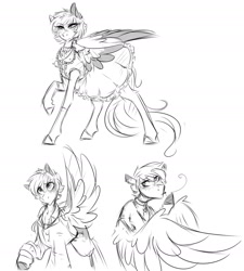 Size: 1280x1422 | Tagged: safe, artist:charly-meow, imported from derpibooru, oc, oc only, oc:agrume, pegasus, pony, clothes, dress, monochrome, sketch, smoking