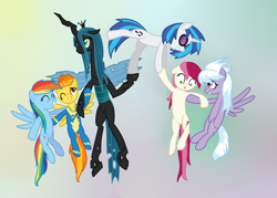 Size: 1260x900 | Tagged: safe, artist:hudoyjnik, imported from derpibooru, cloudchaser, dj pon-3, queen chrysalis, rainbow dash, roseluck, spitfire, vinyl scratch, pony, eyes closed, floppy ears, flying, lifting, lifting ponies, one eye closed, scared, shy, smiling, wink