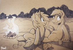 Size: 1280x884 | Tagged: safe, artist:braeburned, deleted from derpibooru, imported from derpibooru, dj pon-3, vinyl scratch, oc, pony, beach, bonfire, canon x oc, explicit source, monochrome, sepia, shipping, soda can