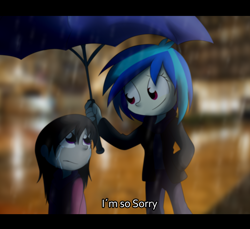 Size: 5470x5000 | Tagged: safe, artist:fj-c, imported from derpibooru, dj pon-3, octavia melody, vinyl scratch, equestria girls, absurd resolution, apology, crying, duo, eye contact, female, frown, lesbian, rain, sad, scratchtavia, shipping, smiling, umbrella