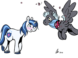 Size: 500x375 | Tagged: safe, artist:rwl, imported from derpibooru, shining armor, thunderlane, pegasus, pony, unicorn, blushing, bouquet, crack shipping, flower, flower in mouth, flying, gay, infidelity, infidelity armor, looking at each other, male, mouth hold, raised leg, shininglane, shipping, simple background, smiling, spread wings, stallion, white background