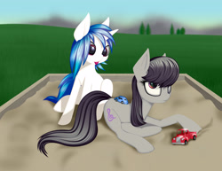 Size: 3300x2550 | Tagged: safe, artist:styroponyworks, imported from derpibooru, dj pon-3, octavia melody, vinyl scratch, cute, duo, embarrassed, octavia is not amused, sandbox, tongue out, toy car, unamused, vinylbetes