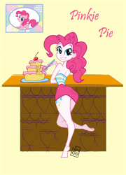 Size: 503x700 | Tagged: safe, artist:ninde ilustración, imported from derpibooru, pinkie pie, human, equestria girls, artifact, ass, barefoot, beautiful, breasts, butt, cake, clothes, cutie mark, cutie mark on equestria girl, feet, female, food, legs, looking at you, panties, sideboob, skinny, skirt, skirt lift, smiling, solo, spoon, thighs, underwear, upskirt, yellow underwear