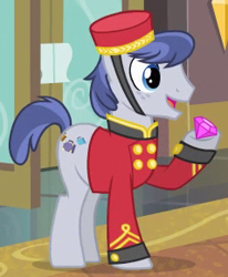 Size: 239x290 | Tagged: safe, imported from derpibooru, screencap, earth pony, pony, rarity takes manehattan, background pony, bellhop, bellhop pony, diamond, gem, male, solo, stallion, welcome inn