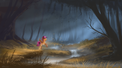 Size: 1920x1080 | Tagged: dead source, safe, artist:shamanguli, imported from derpibooru, scootaloo, pegasus, pony, crepuscular rays, cutie mark, female, forest, river, scenery, solo, stream, the cmc's cutie marks