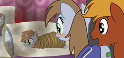 Size: 1826x865 | Tagged: safe, artist:neuro, imported from derpibooru, oc, oc only, oc:calamity, oc:littlepip, pegasus, pony, unicorn, fallout equestria, stranger than fan fiction, blushing, body pillow, body pillow meme, clothes, fanfic, fanfic art, female, hooves, horn, jumpsuit, male, mare, pillow, piplamity, rope, stallion, tied up, vault suit