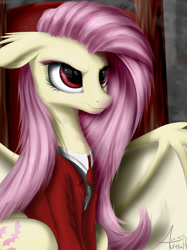 Size: 2160x2881 | Tagged: dead source, safe, artist:aurelleah, imported from derpibooru, fluttershy, bat pony, pony, alushy, angry, badass, clothes, crossover, detailed, female, flutterbadass, flutterbat, frown, glare, looking away, race swap, realistic, reflection, solo, throne