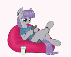 Size: 1373x1098 | Tagged: safe, artist:trickydick, imported from derpibooru, maud pie, earth pony, semi-anthro, beanbag chair, clothes, coffee, crossed legs, cute, ear piercing, earbuds, eyeshadow, female, frog (hoof), gauges, hipster, makeup, maudabetes, on back, piercing, solo, starbucks, t-shirt, tablet, underhoof