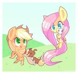 Size: 1024x975 | Tagged: safe, artist:riouku, imported from derpibooru, angel bunny, applejack, fluttershy, winona, pony, blushing, chibi, cute, female, jackabetes, mare, open mouth, pets, shyabetes