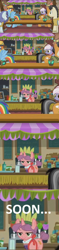 Size: 1640x6968 | Tagged: safe, artist:magicnova, edit, edited screencap, imported from derpibooru, screencap, burning passion, carrot bun, lavender sunrise, quibble pants, rainbow dash, stranger than fan fiction, background pony, caption, clothes, hat, image macro, juice, las pegasus resident, meme, smiling, some men just want to watch the world burn, soon, unnamed character, unnamed pony, when she smiles