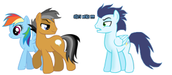 Size: 3616x1584 | Tagged: safe, artist:simby-pika, imported from derpibooru, quibble pants, rainbow dash, soarin', pony, female, jealous soarin', male, old cutie mark, quibbledash, rainbow dash gets all the stallions, shipping, shipping war, soarindash, straight