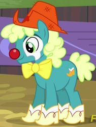 Size: 570x755 | Tagged: safe, imported from derpibooru, screencap, earth pony, pony, appleoosa's most wanted, appleloosa resident, background pony, bootblues, boots, bowtie, clown, clown nose, cropped, hat, red nose, rodeo clown, shoes, unnamed pony