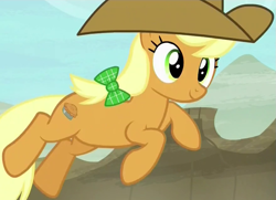 Size: 877x635 | Tagged: safe, imported from derpibooru, screencap, pecan pie (g4), earth pony, pony, appleoosa's most wanted, background pony, bow, cowboy hat, cropped, female, hair bow, hat, leaping, mare, solo, unnamed pony